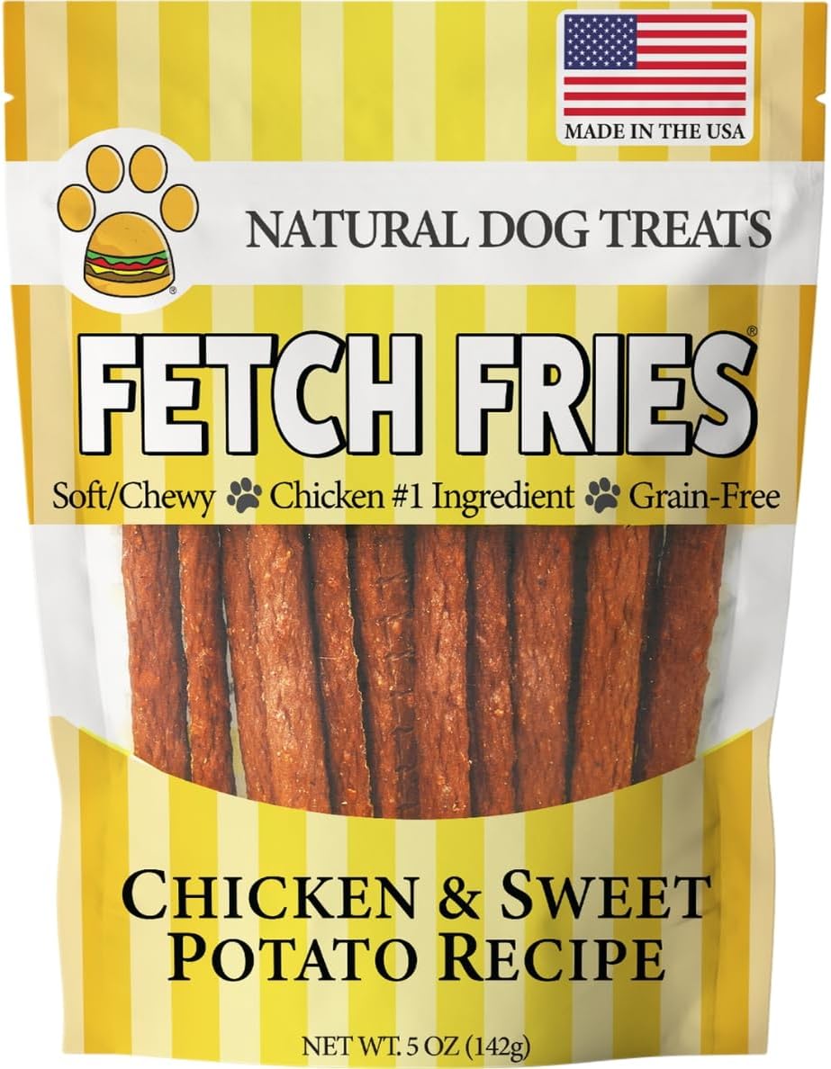 fetch friesChicken and Sweet Potato Dog Treats, Soft Chicken Jerky for Small and Large Breeds, Naturally Healthy, Made in The USA (5 oz)