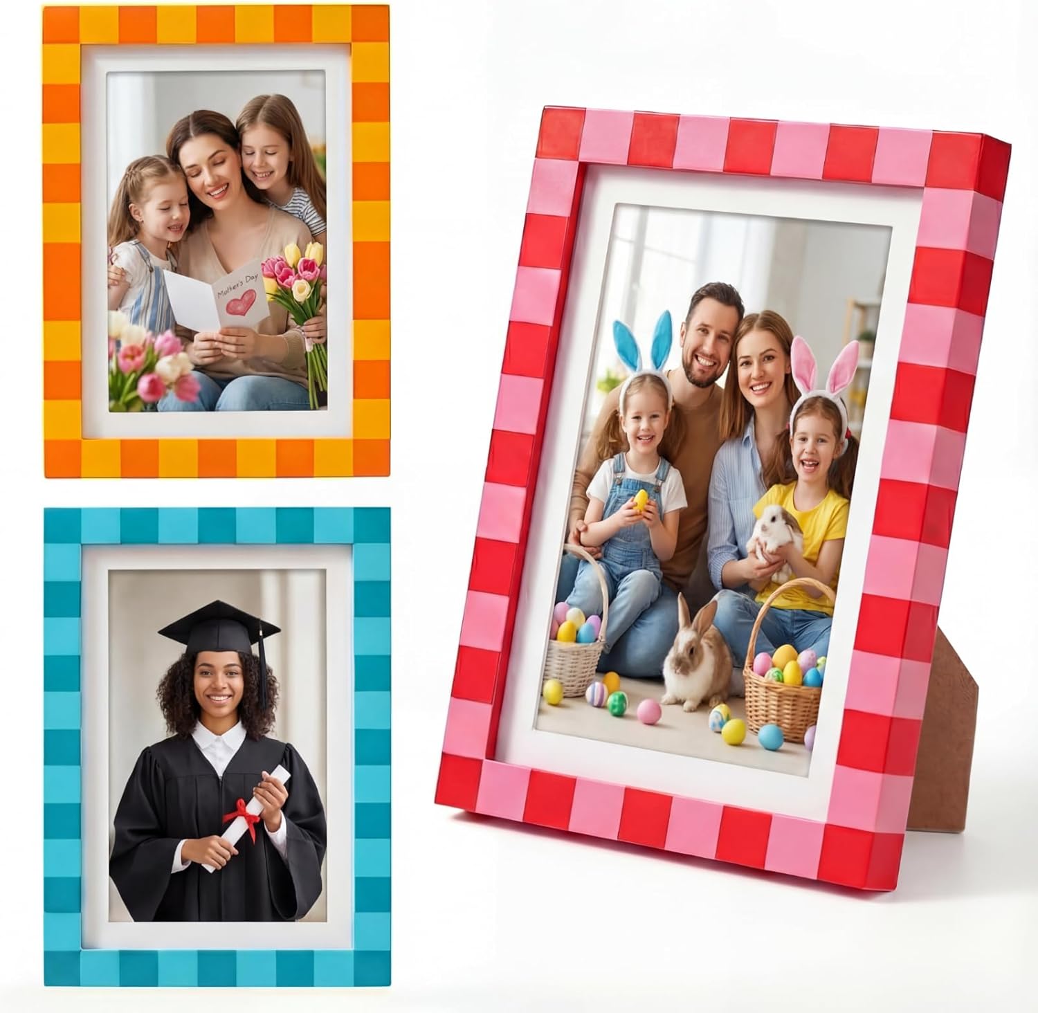 Vicenpal 3 Pack 4x6 Inch Checkered Picture Frames Wooden Photo Frames for Couple Family Mother's Day Graduation Memories, Wall Hanging Tabletop Display Cute Colorful Retro Home Decor Gift