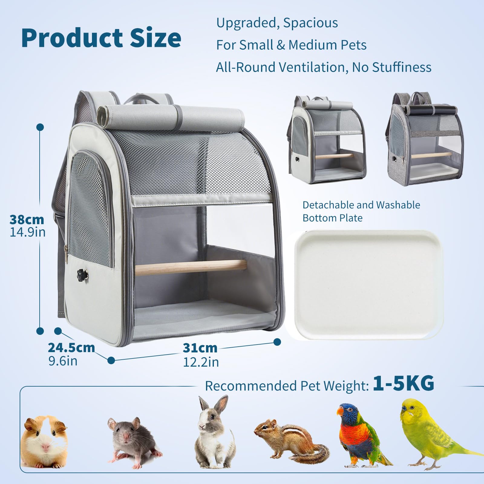 PETCUTE Rucksack für Vögel,Atmungsaktive Vogel Tragetasche mit Stehender Stange,Tragbarer Haustier-Transportkäfig mit Verbessertem Tablett,für Sittiche,Graupapageien, Caique, Senegal,Papageien