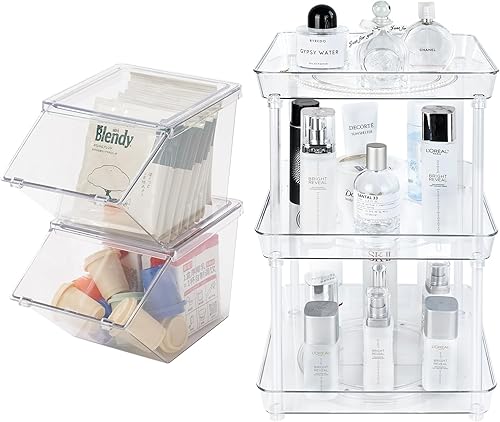 Miniatura 1 de LLGWGL Paquete de 2 organizadores apilables de bolsas de té y 3 niveles cuadrados Lazy Susan