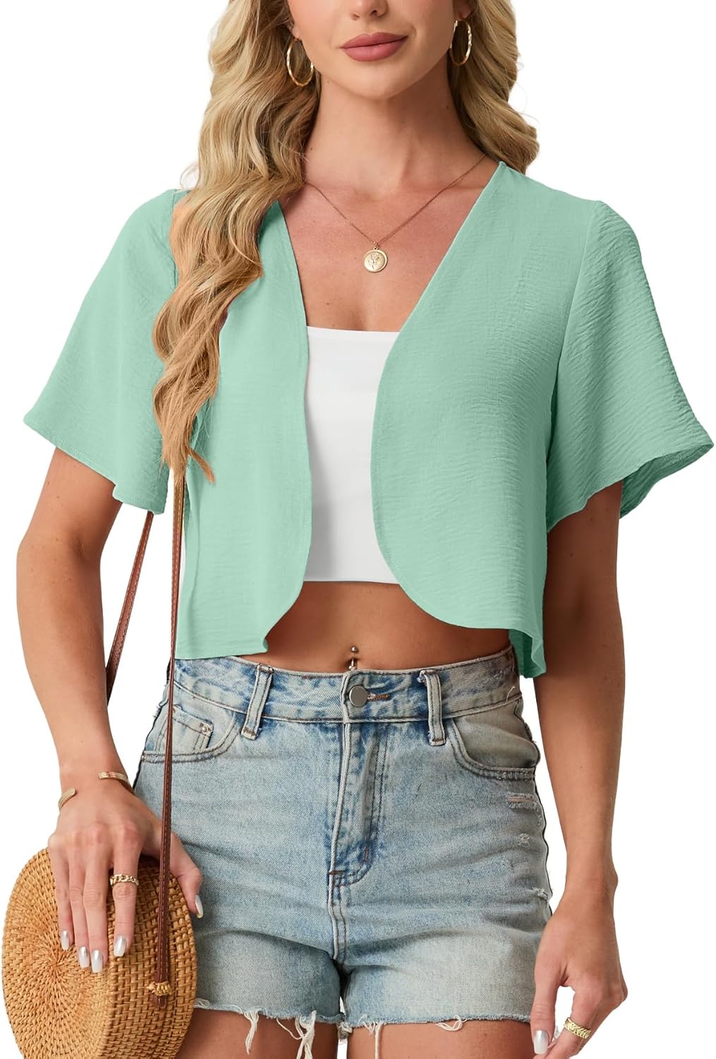 GRECERELLE Women's Summer Lightweight Cropped Cardigan Shrug Short Sleeve Open Front Casual Bolero Cover Ups