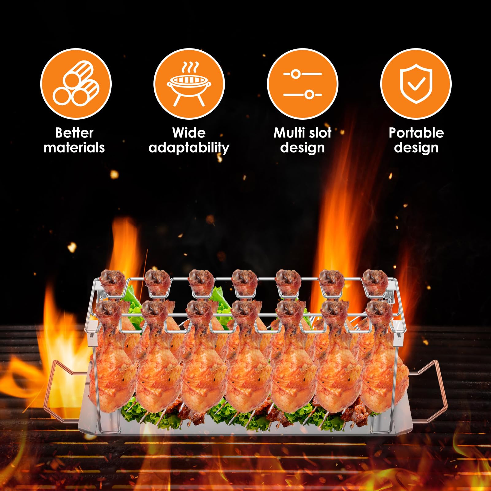 Chicken Leg Rack for Grill with Drip Tray, 14 Slots Stainless Steel Chicken Lollipop Rack, Non-Stick, Dishwasher Safe, Easy Cooking, Perfect for Smoker Grill, Oven, Charcoal Grill, BBQ Accessories