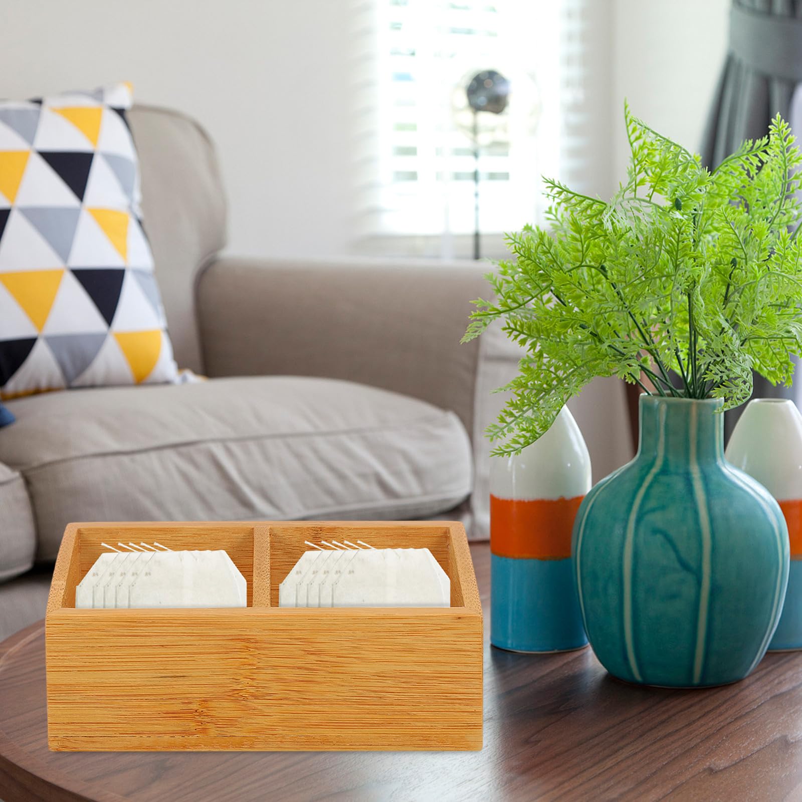 Caja de Almacenamiento Tapa y Compartimentos de Madera, Organizador para Bolsitas de Té y Azúcar, para Uso en Cafeterías y Hogar