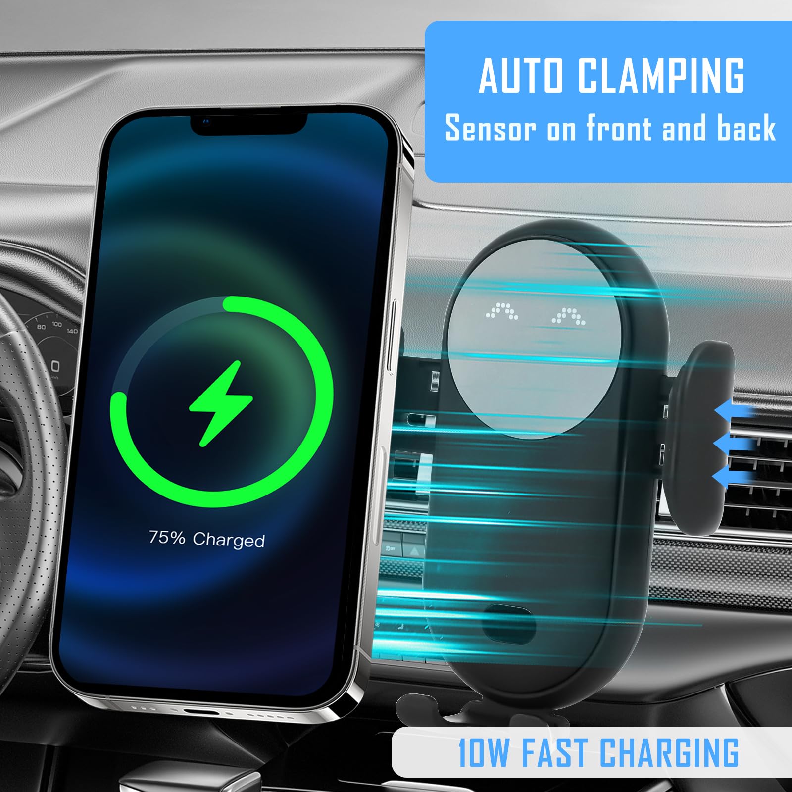 Supporto per cellulare auto con funzione di ricarica, caricatore senza fili per auto, stazione di ricarica induttiva, ricarica wireless a doppia bobina, girevole a 360°, per ventilazione auto (azzurro