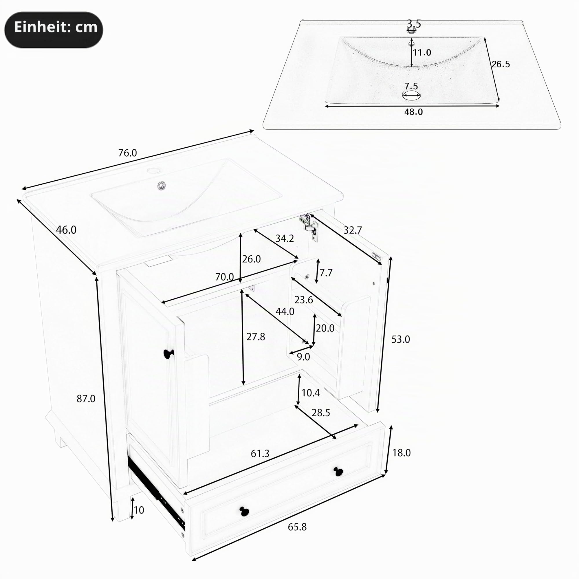 76x46x87cm Bodenstehender Badezimmerschrank mit Waschbeck,Waschtisch,Beine aus Massivholz,MDF-Material,integriertes Keramikwaschbecken (Weiß,76x46x87cm)