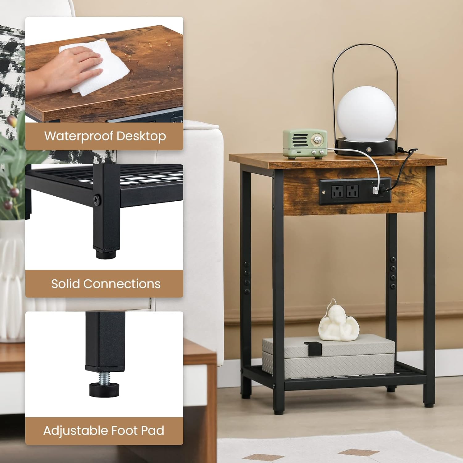 Rustic Brown Industrial End Tables with Charging Station, Set of 2