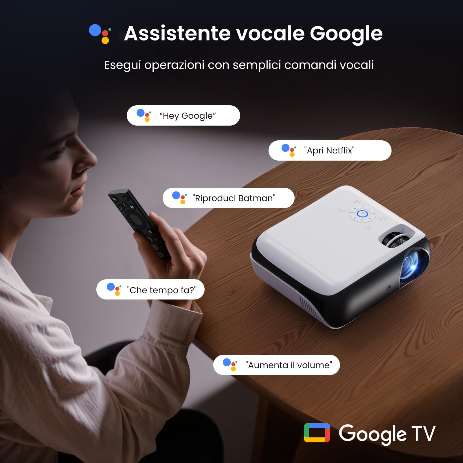 【Google TV/Assistente Vocale/Dolby】Proiettore 4K, HAPPRUN 1000 ANSI 1080P Full HD Smart Videoproiettore con Netflix/Disney+ Ufficiale, WiFi6 e Bluetooth 5.2 per Home Cinema Esterno