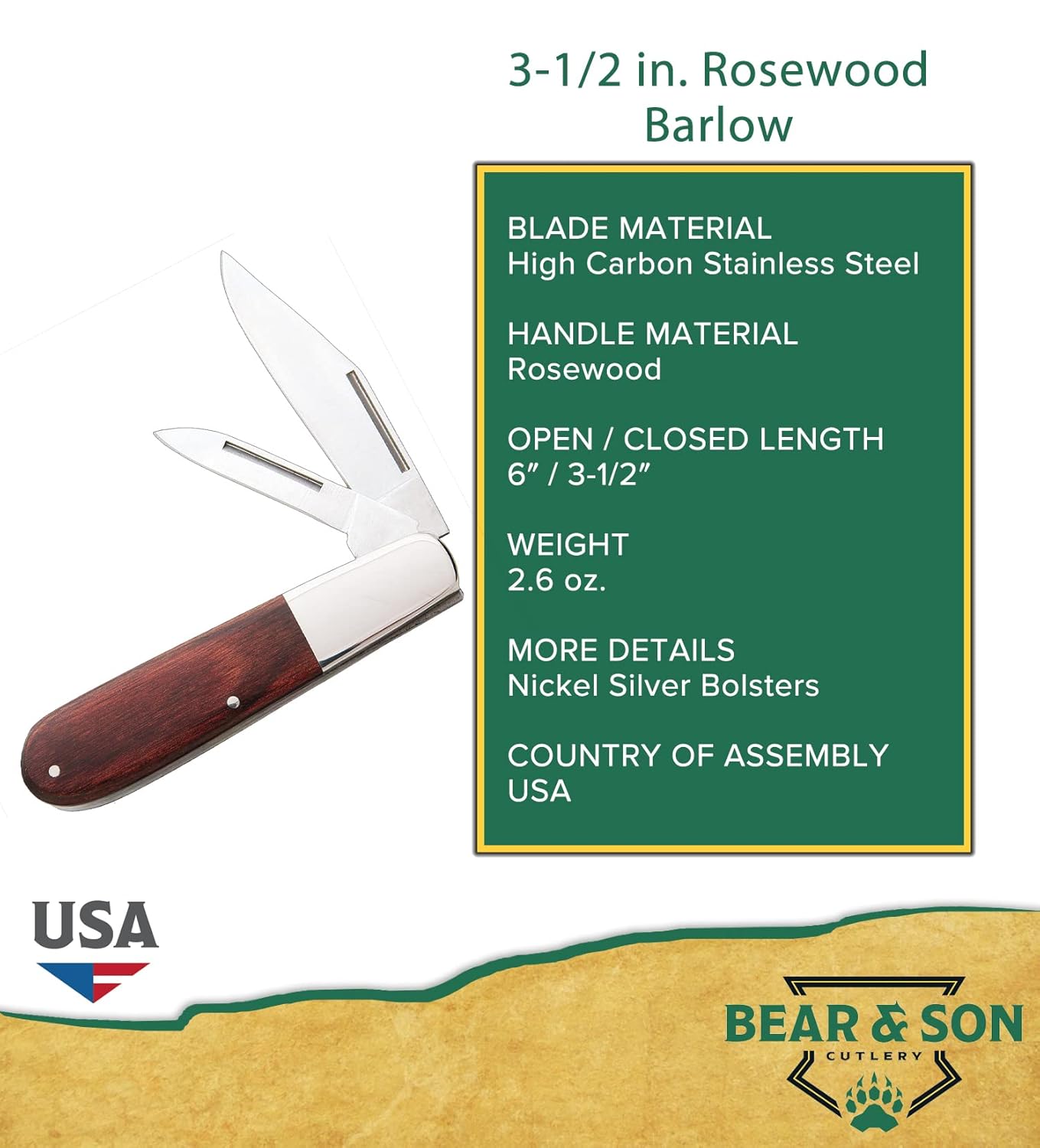 BEAR & SON 2281R Two-Blade Barlow Pocket Knife – Traditional Manual Folding EDC, High-Carbon Stainless Hollow-Ground Edge Master & Pen Blades, Nickel Silver Bolsters, USA Made – Rosewood Handle