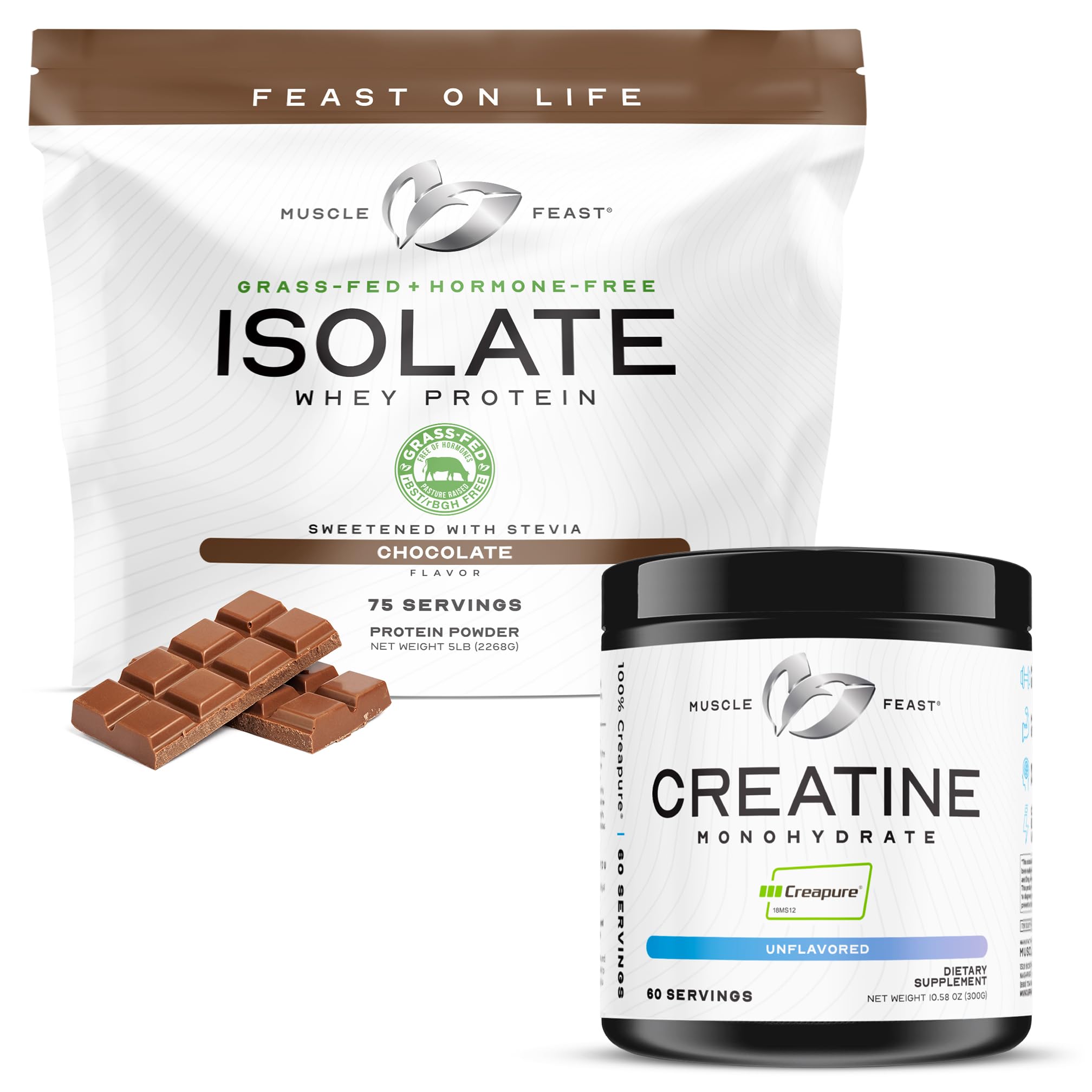 Muscle Feast Creatine + Isolate Bundle: 1 Creatine Powder (Unflavored, 300g) + 1 Whey Protein Isolate (Chocolate, 5lb) | Premium Supplements, Vegetarian, Gluten