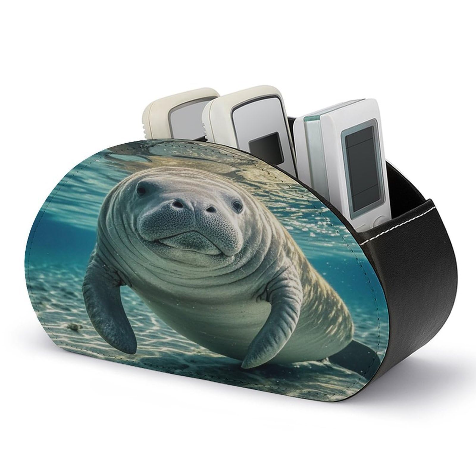 FekiLoot Leather TV Remote Control Holder with 5 Compartments Multifunctional TV Remote Holder Bedside Table Remote Caddy Storage Box Ocean Animal Manatee Remote Organizer for Home Office