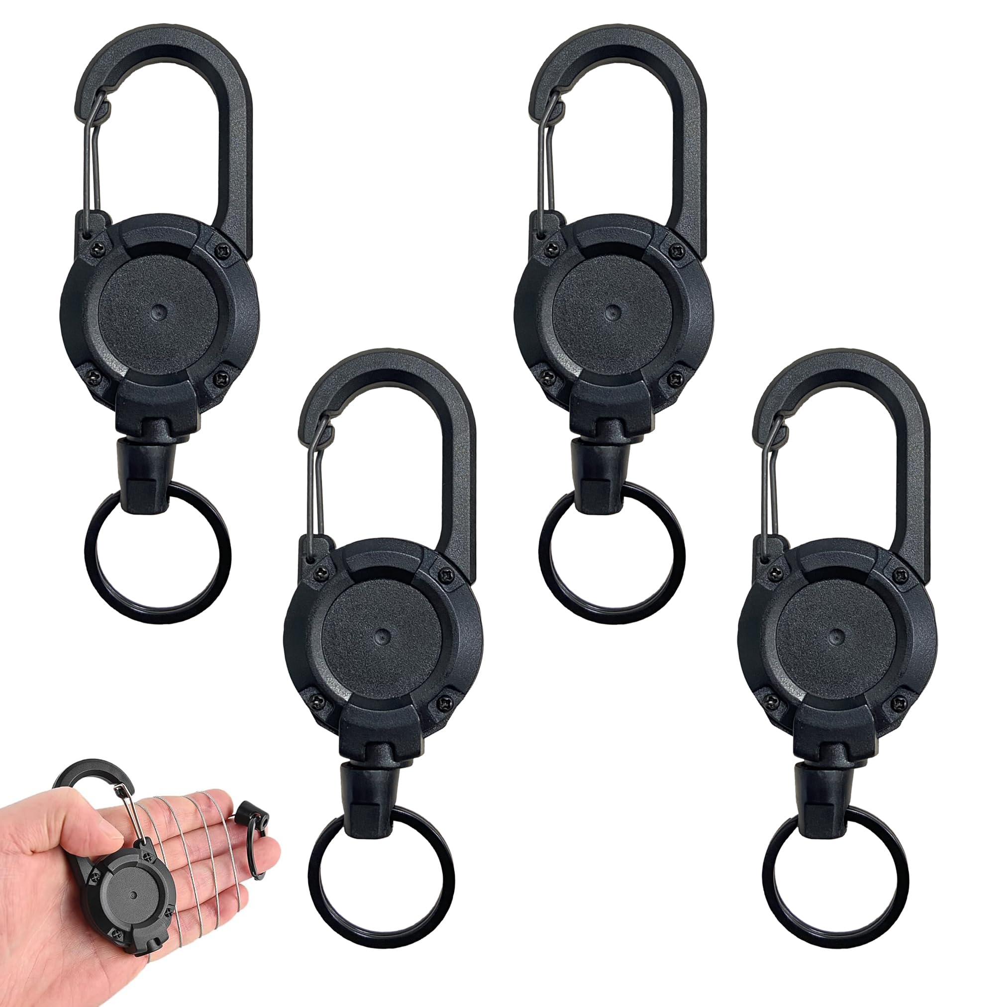 Heavy Duty 4 Pack Black Retractable Keychain - 23.6" Steel Cord Badge Reel