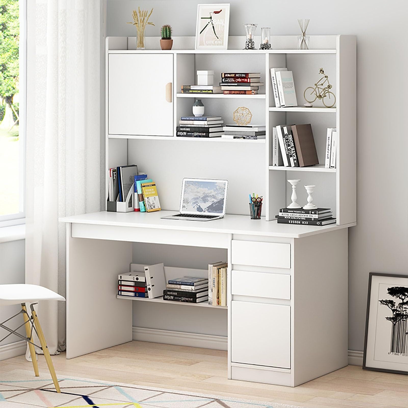 WDSOPK Modern Computer Desk with Shelves Storage Shelf Writing Table Study Workstation Bookshelf White 120x45x163cm（White-100x45x163cm=）