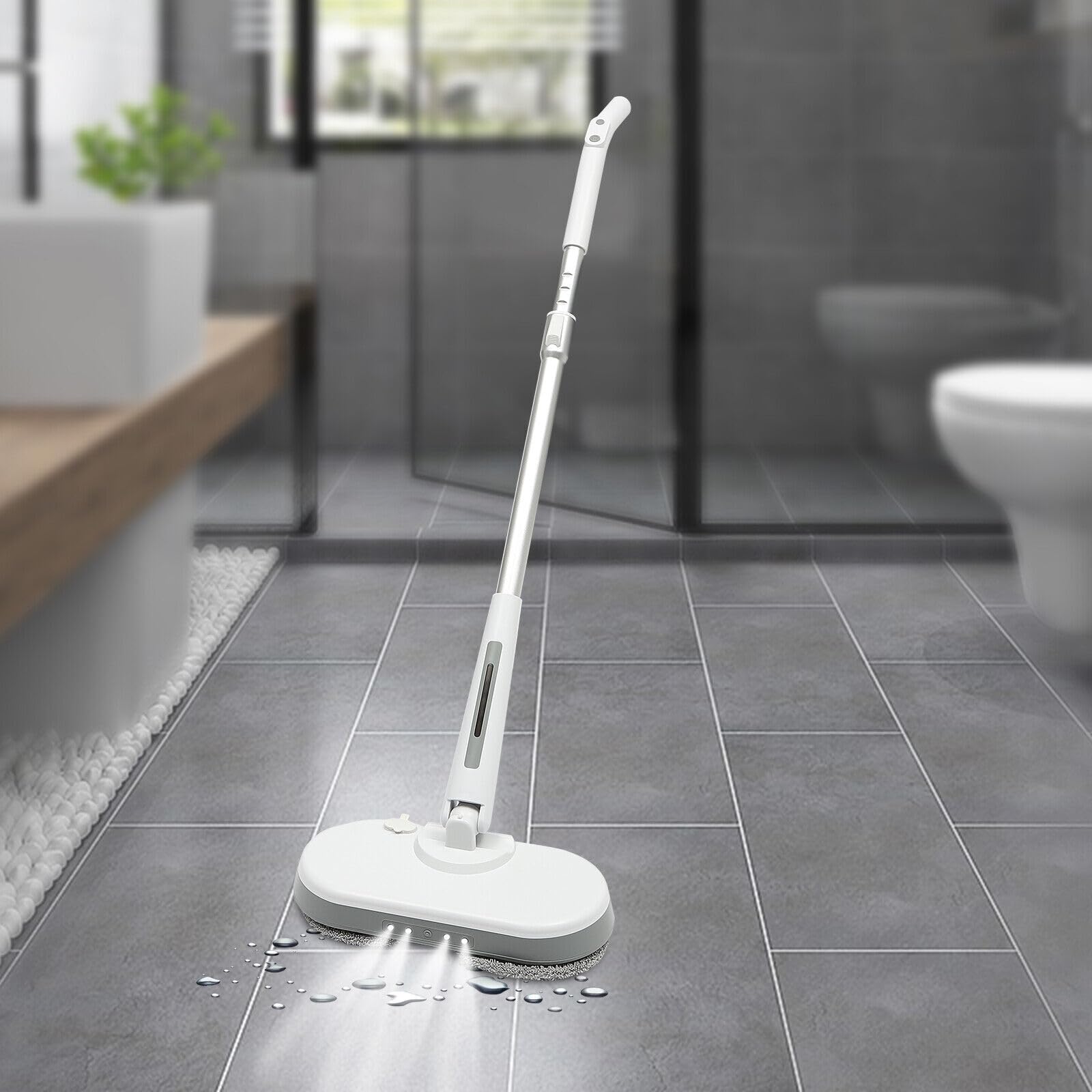 Mocio spray a batteria, con serbatoio dell'acqua da 350 ml e illuminazione a LED, senza fili, con funzione spray, 4 tamponi di pulizia inclusi
