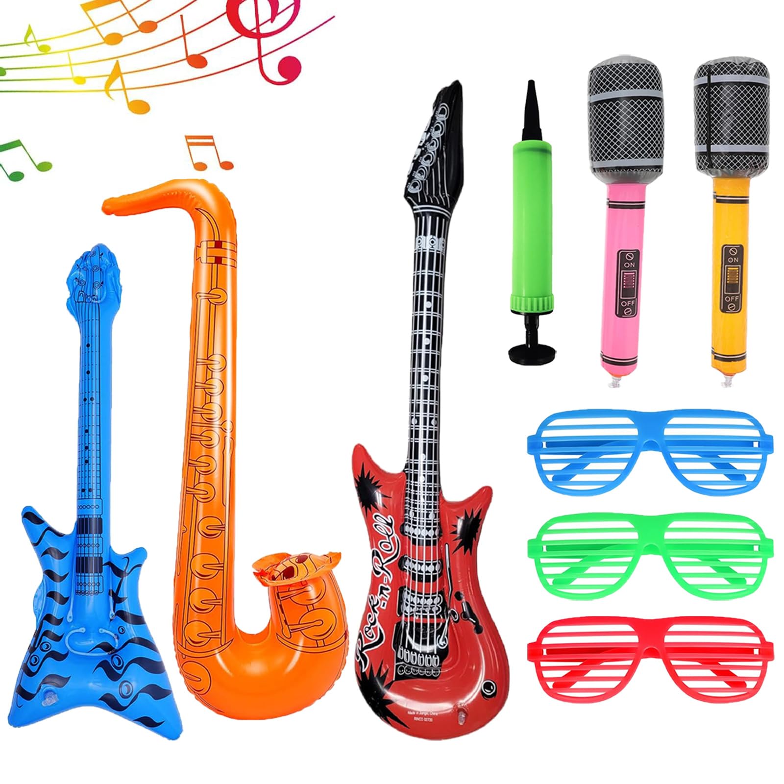 Chitarra Elettrica Bambini 9 Pezzi, Strumenti Musicali Gonfiabili, Microfono Bambini, Chitarra Giocattolo, Adatto per Feste, Bomboniere Rock, Feste di Compleanno