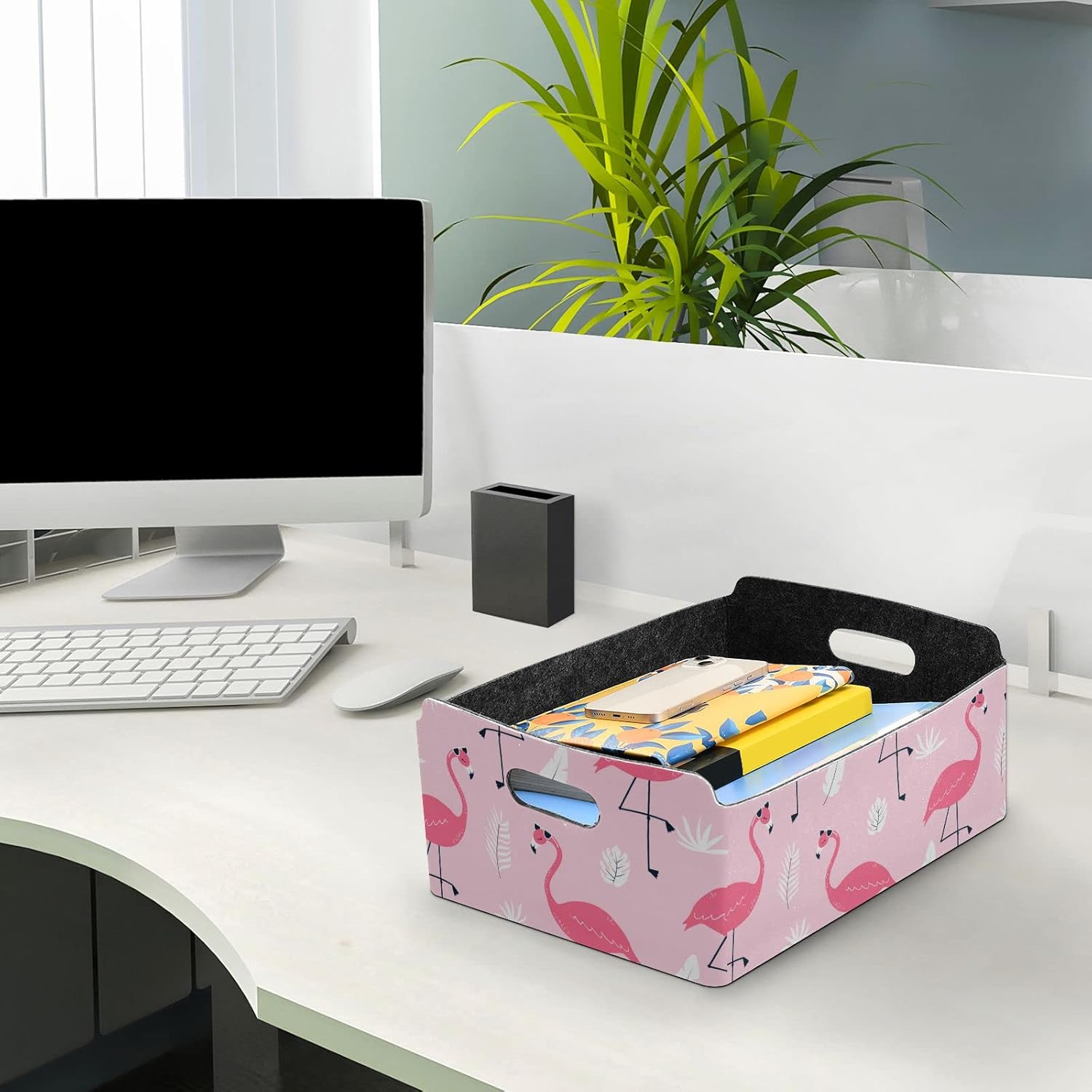 CaTaKu Foldable Storage Basket Flamingo Palm Feather Collapsible Felt Storage Bins with Handle Drawer Organizer Bin Cube Shelf Box for Organizing Closet Clothes Office Books Bedroom