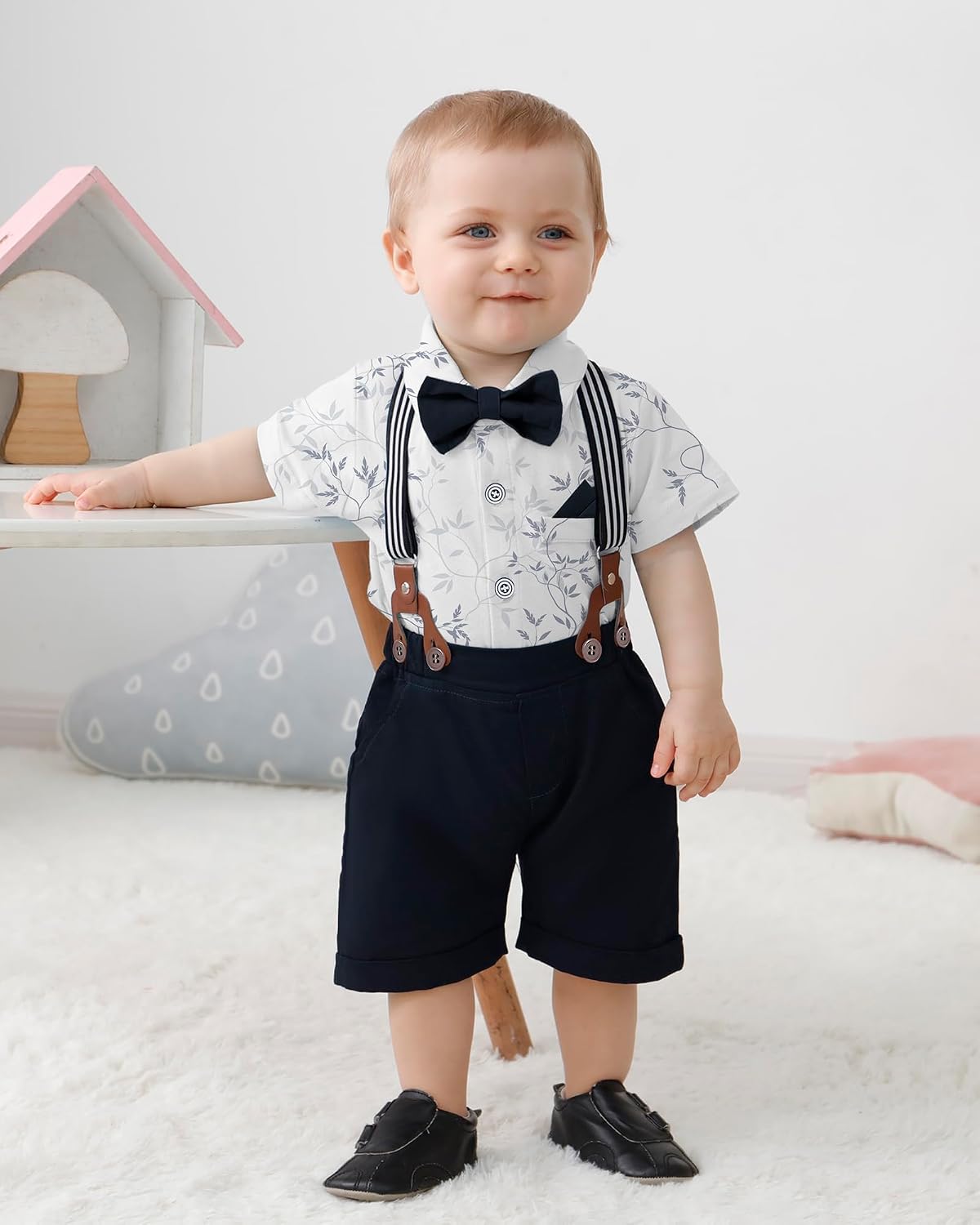nilikastta Baby Boy Outfits Infant Boys Clothes Dress Shirt/Bowtie/Suspender Shorts Wedding Party 0-18M