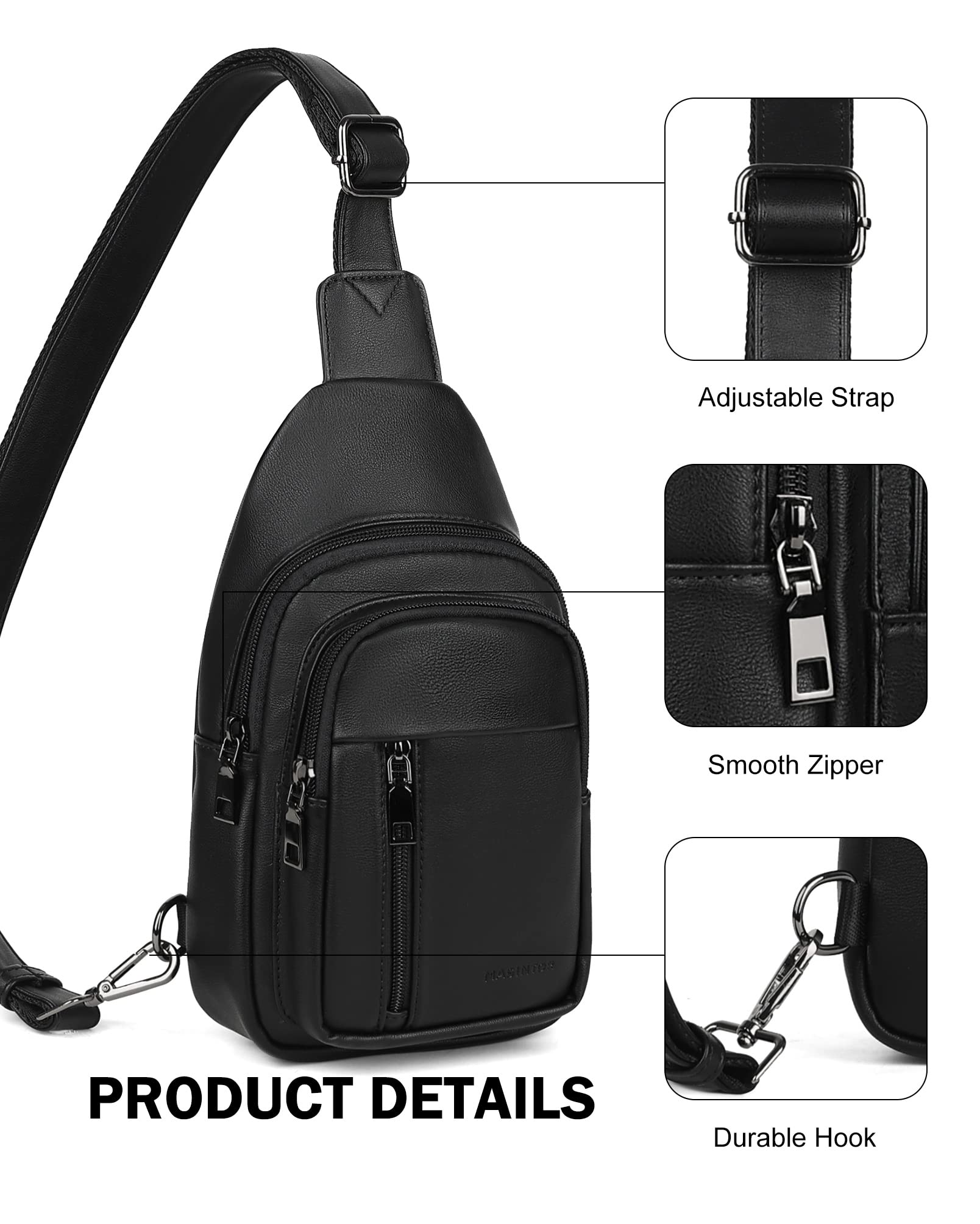 MASINTOR Sling Bag for Women - Crossbody Bags Fanny Pack with Vegan Leather - Adjustable Sling Backack for Travel Pure Black