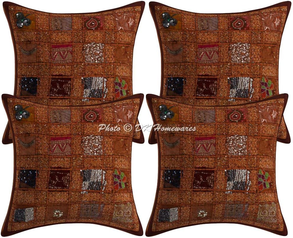 Bohemian Decorative Toss Throw Pillowcases 16 x 16 Inch Cotton Patchwork Geometric Indian Square Accent Cushion Covers (Size - 40x40 cm ; Color: Brown) - Set of 4 Pcs (Cover Only)