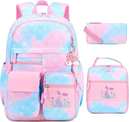 ADSON Mermaid Kawaii (3Pcs Set) Backpack, Cute Rainbow School Backpack for Girls with Insulated Lunch Box Pen Case Set, Ki...