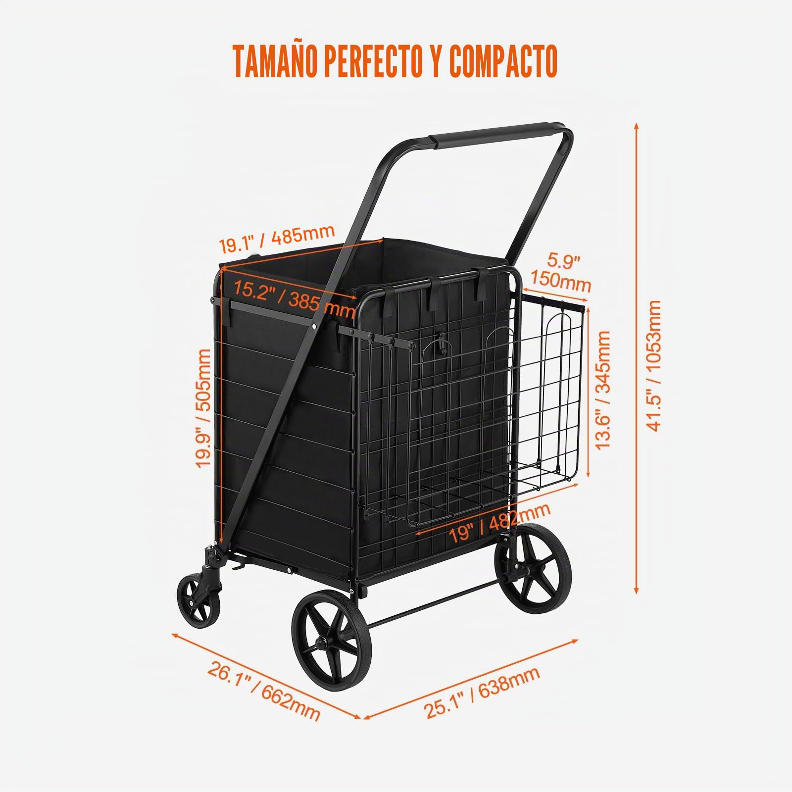 VEVOR Carro de Compra Plegable Carga de 150,5kg con 4 Ruedas Más de 85L Carro de Supermercado con 2 Cestas Carro de Compra de Hierro con Forro Impermeable Carro Multiusos Resistente para Ir de Compras