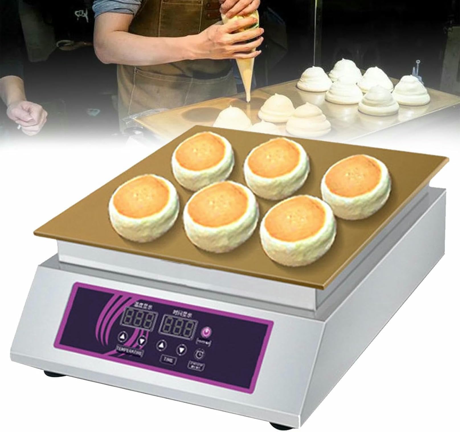 Máquina eléctrica para Hacer soufflé, máquina Comercial para Hacer soufflé de panqueques Dorayaki, con Cubierta de Acero Inoxidable, para restaurantes, panaderías, Tiendas de postres