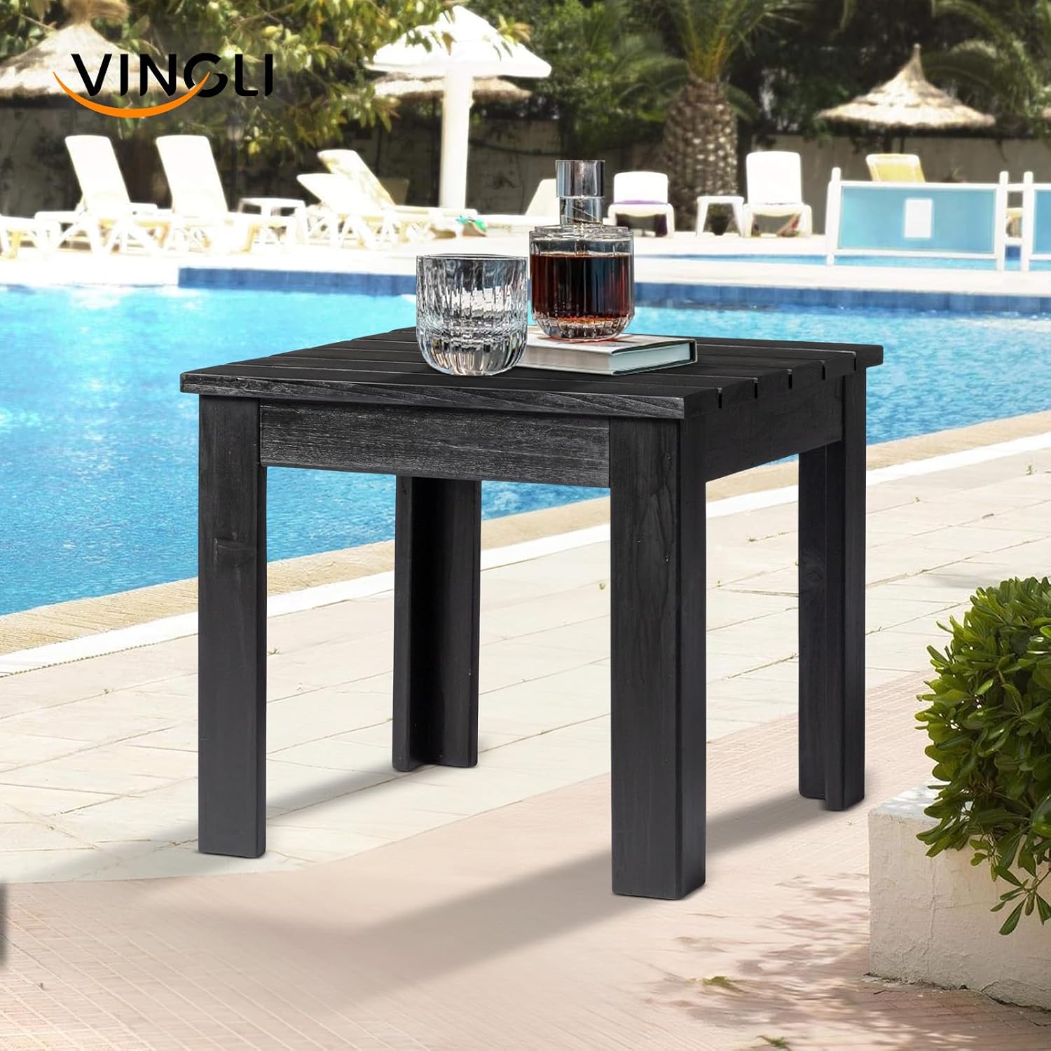 VINGLI Outdoor Adirondack Side Table, 18 Square Thick Wooden Coffee Table, Patio Side Table Conversation End Table for Patio Backyard, Garden, Poolside and Balcony (Black)