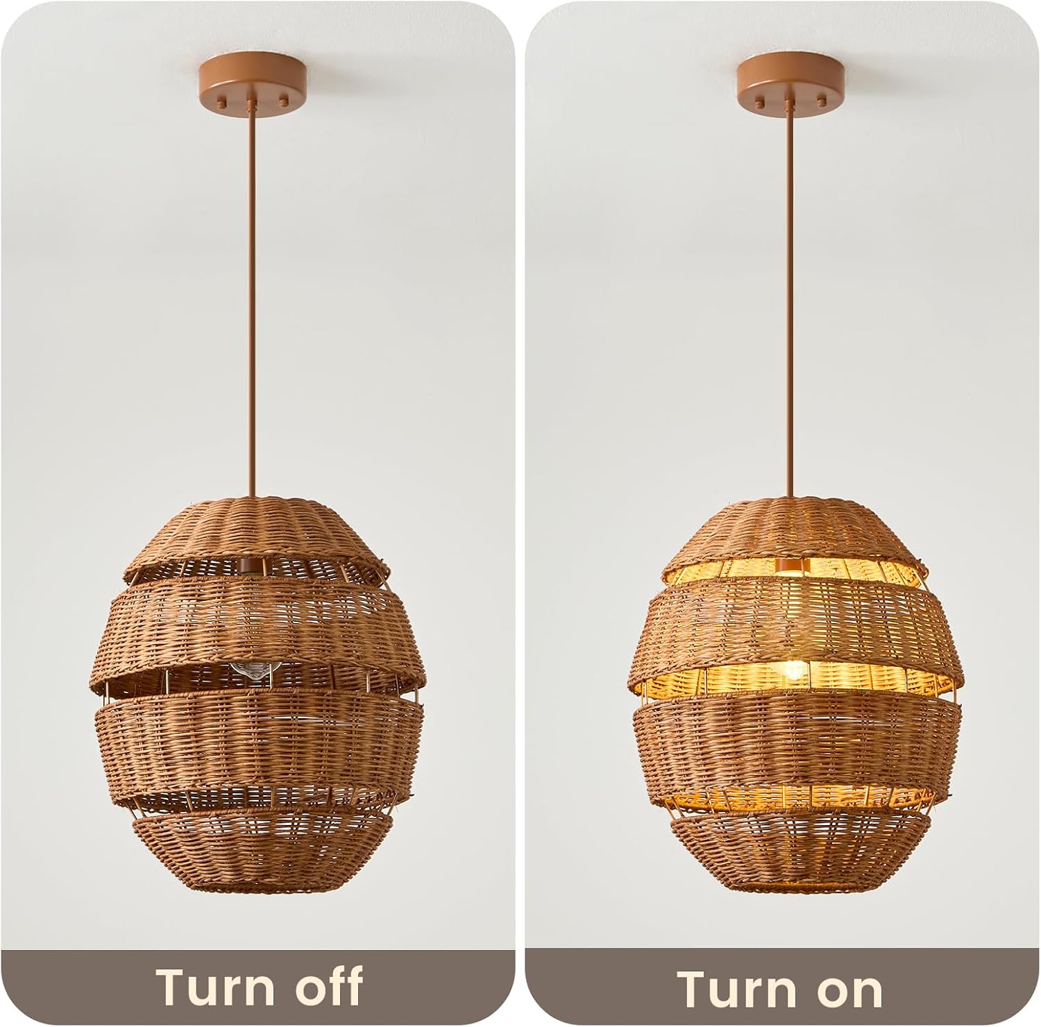 Rattan Woven Pendant Light 14in Organic Wicker Boho Chandelier (Oval) image 5