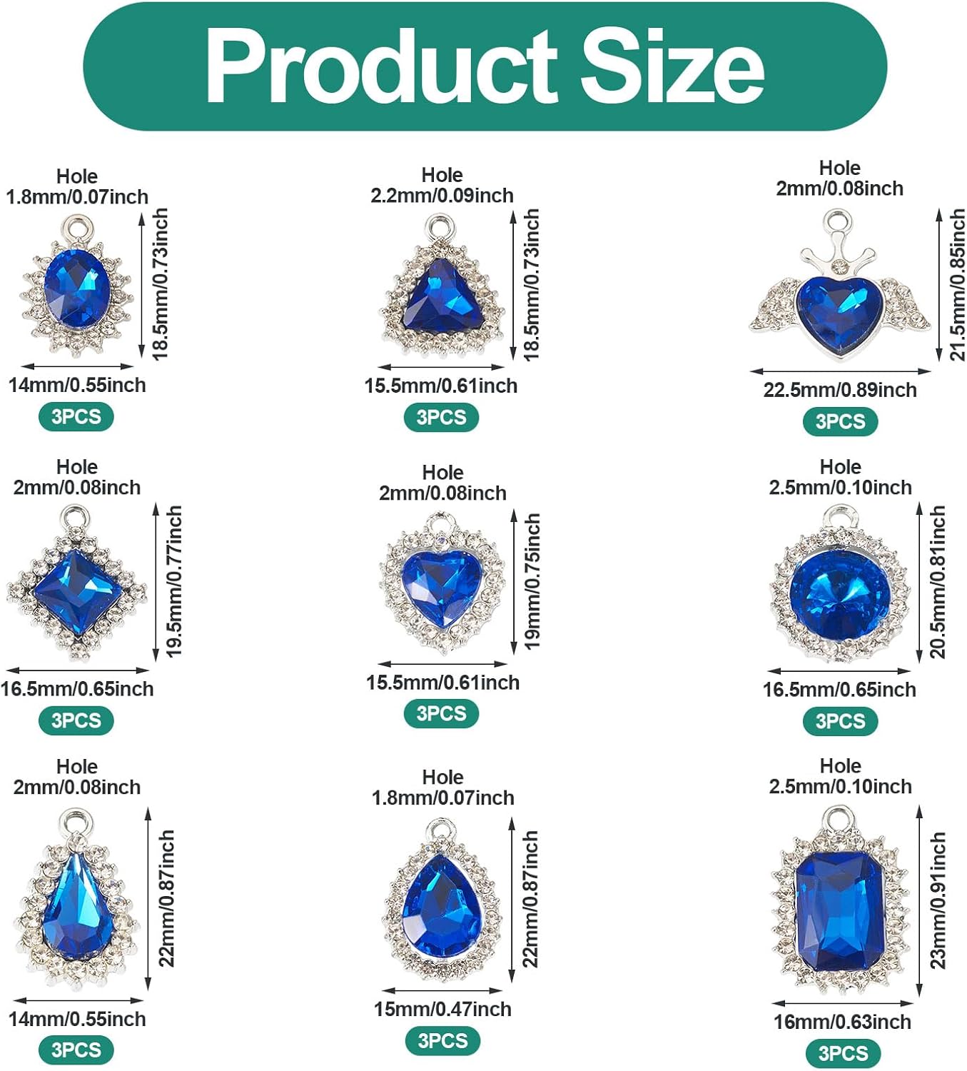 27Pcs Alloy Glass Pendants Valentine Blue Crystal Rhinestone Charms for DIY Jewelry Making Necklace Bracelet Earring Keychain Crafts Wedding Anniversary Birthday Geometric Heart Assorted Kit - Image 2