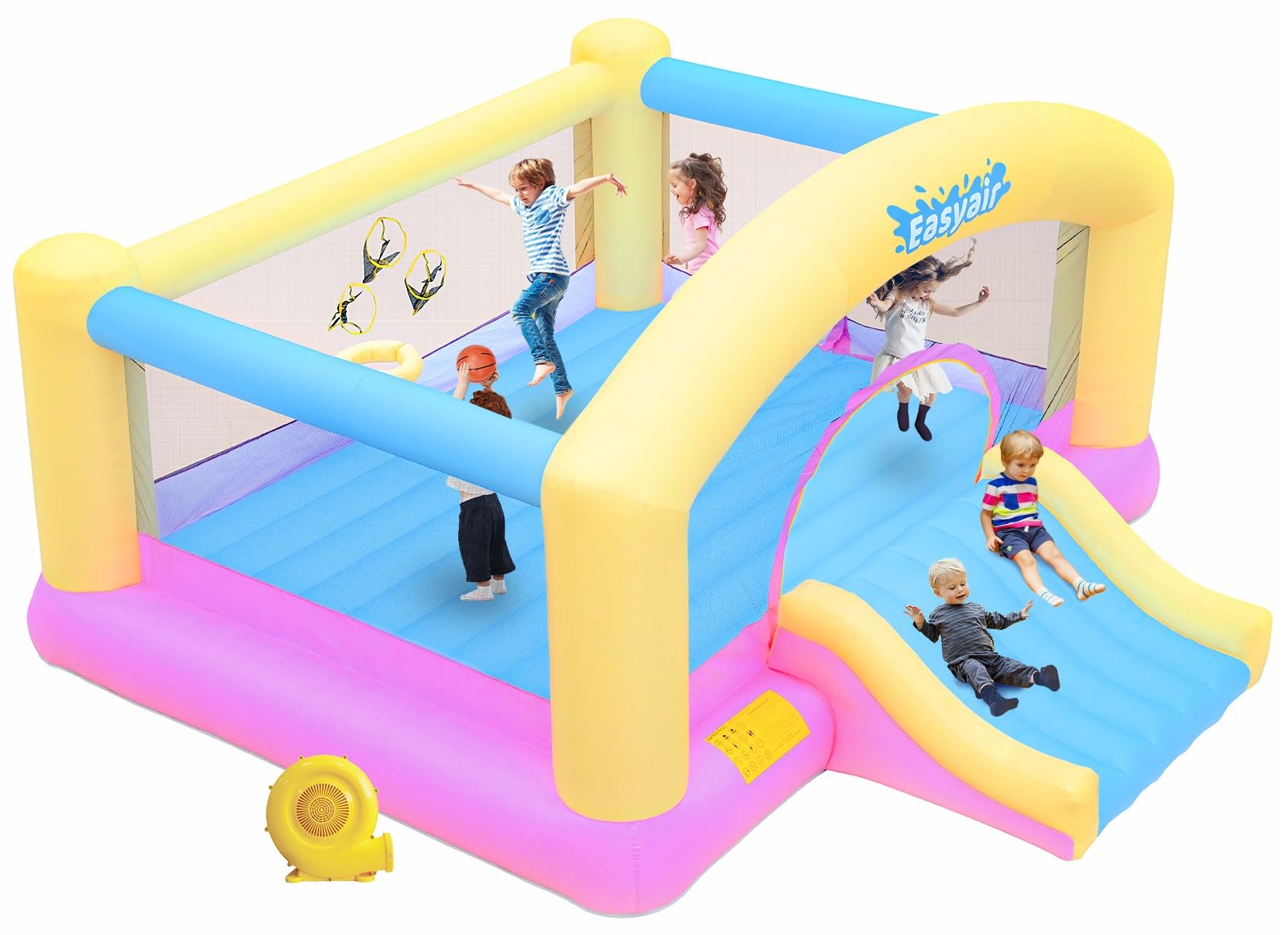 Large Bounce House for Big Kids, 14.8 x 14.5 FT Inflatable Bouncer Jumper Slide with 650W Blower, Basketball Hoop, Throw Ball Game, Ball Pits Yellow