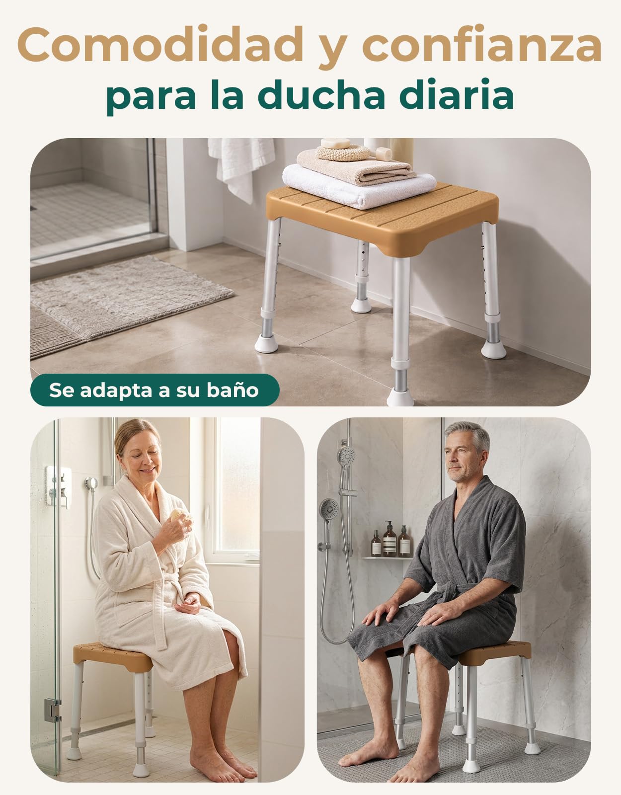 Taburete de Ducha Ligero, soporta 160 kg, Antideslizante, portátil, para Personas Mayores, marrón