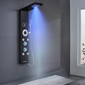 LED Shower Panel Tower System 304 Stainless Steel Bathroom Shower Tower with 3 Body Massage Jets Shower Column Wall Mount