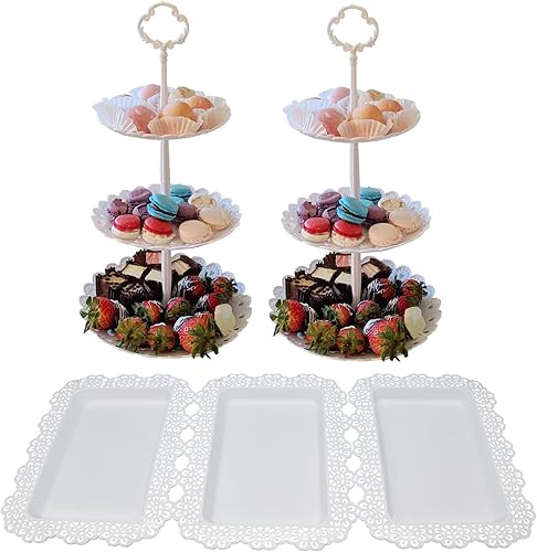 Juego de 2 piezas de soporte de postre de 3 niveles, plato de fruta, cupcakes, plástico, vasos blancos, pasteles, postres, frutas, dulces, bufé,
