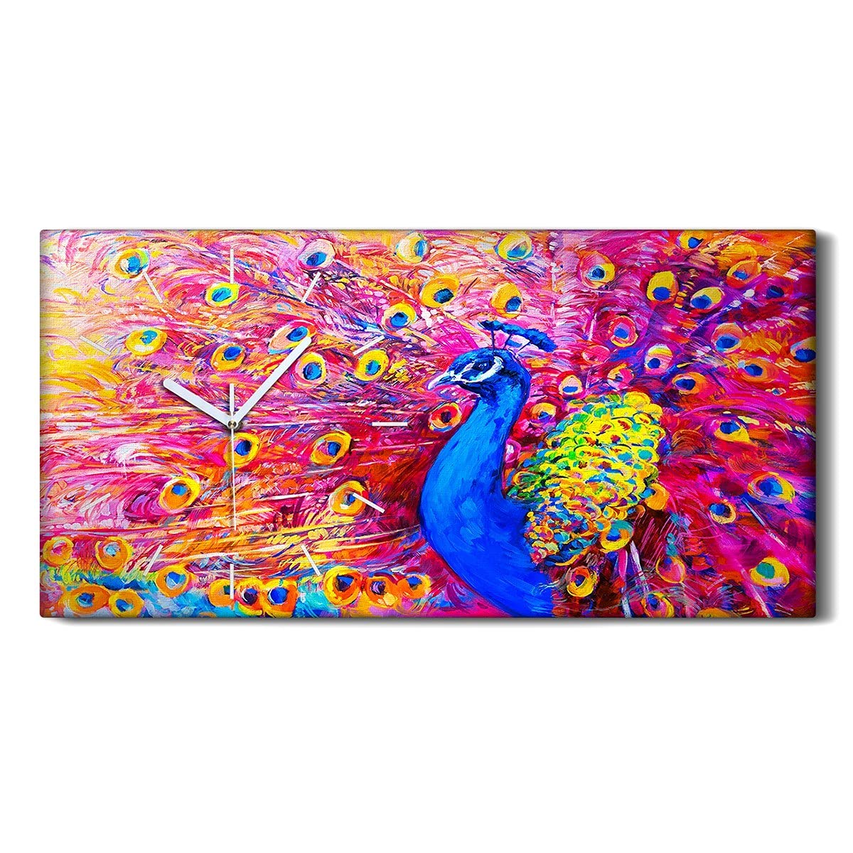Horloge sur toile motif paon art mural 60x30cm image decoration salon moderne et chambre