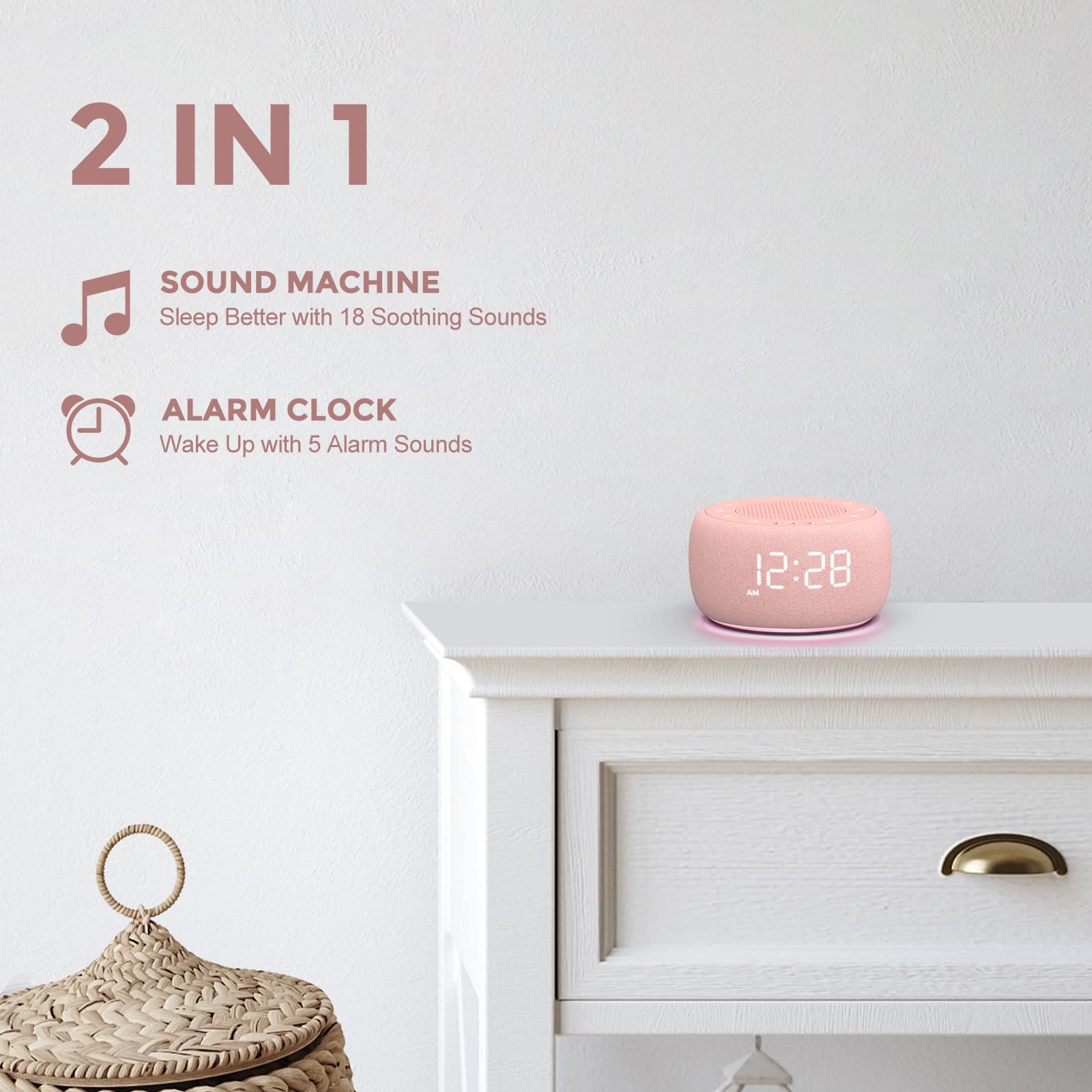 Buffbee Sound Machine & Alarm Clock 2-in-1-0-100% Display Dimmer Under Light Sleep Timer Precise 30-Level Volume Control White Noise Machine product thumbnail 4