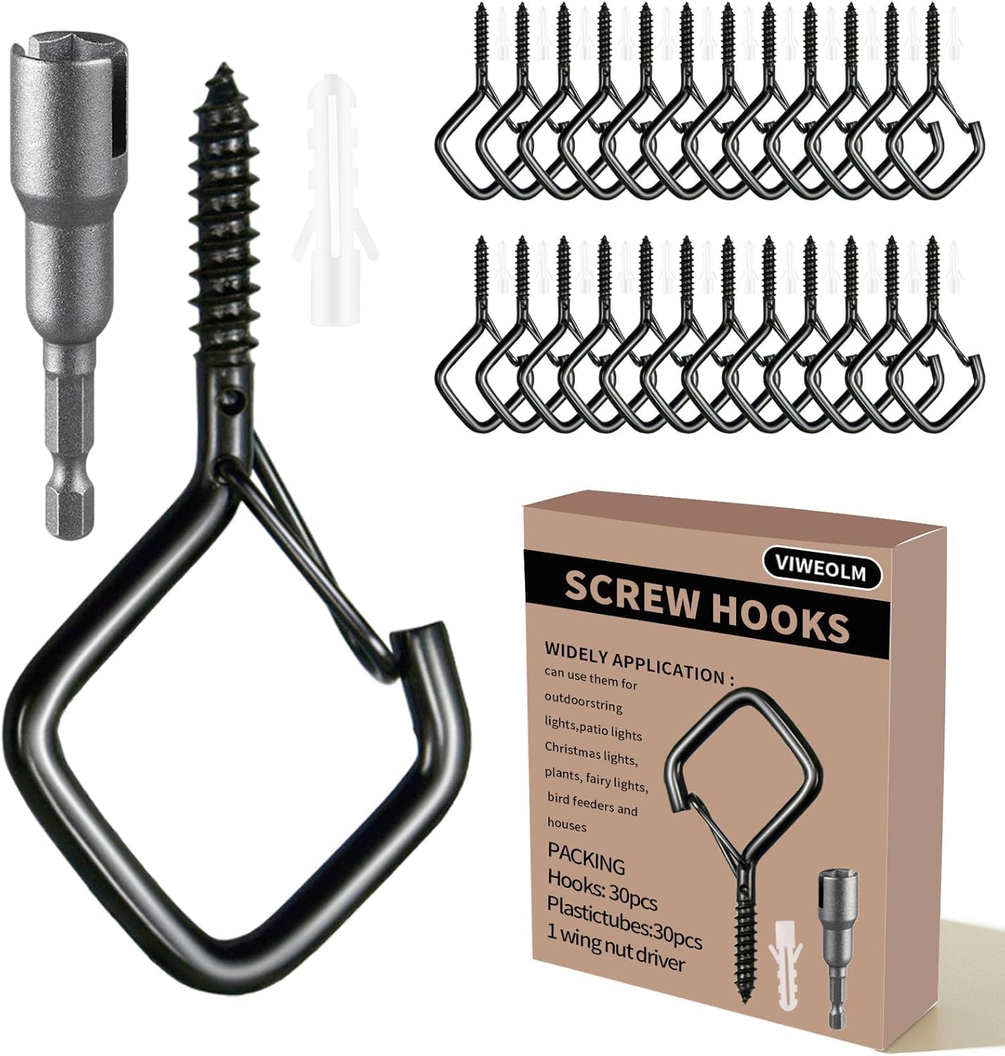 30 ganchos de ojo negro con tornillo resistente, ganchos de techo para colgar plantas, luces de cadena, tazas, campanillas de viento, comederos de pájaros. Colgador de plantas para interiores