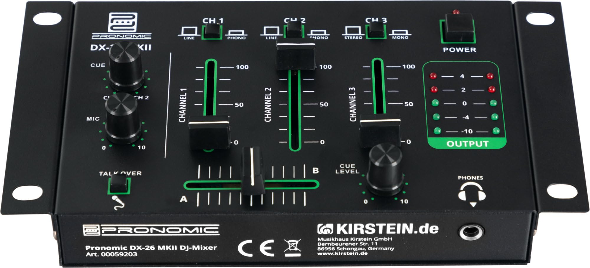 Pronomic DX-26 MKII DJ-Mixer - Mixeur 3 canaux avec fonction Cue - 2x canal Line/Phono - Entrées micro et casque