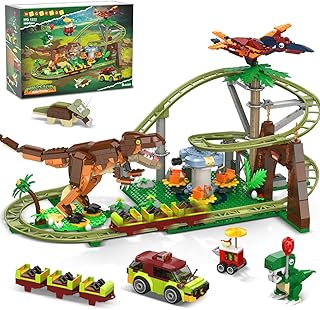 HOGOKIDS Dinosaur Roller Coaster Building Blocks Toy - 1222 Pieces Roller Coaster Construction Toy with 4 Dinosaurs, Off-R...