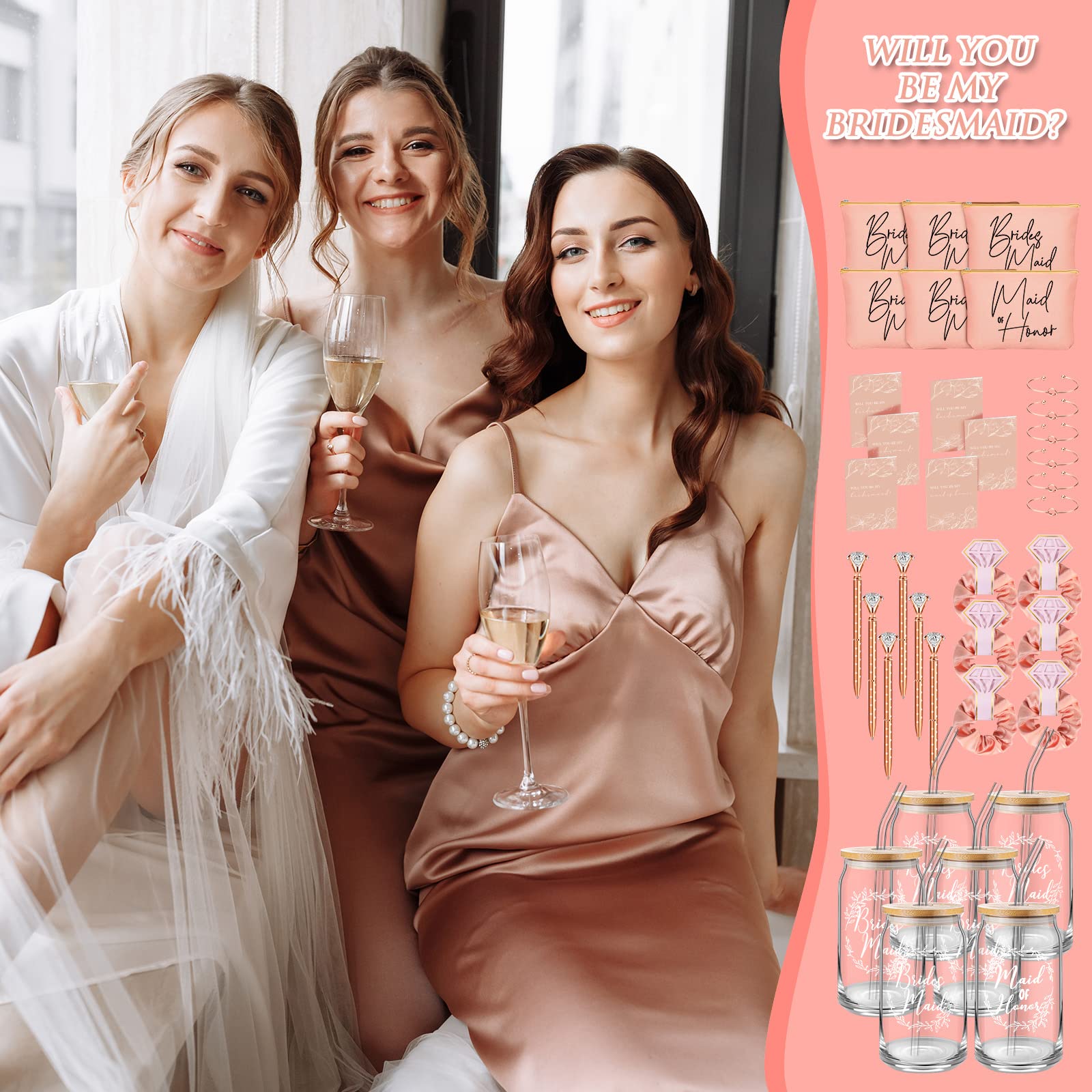 Irenare 36 Stück Brautjungfer-Antragsgeschenke, Brautparty-Geschenke, 473 ml, Glasbecher, Kosmetiktaschen, eingeladene Karten, Haargummi, Diamantstifte, Gastgeschenke für Hochzeit (Roségold)