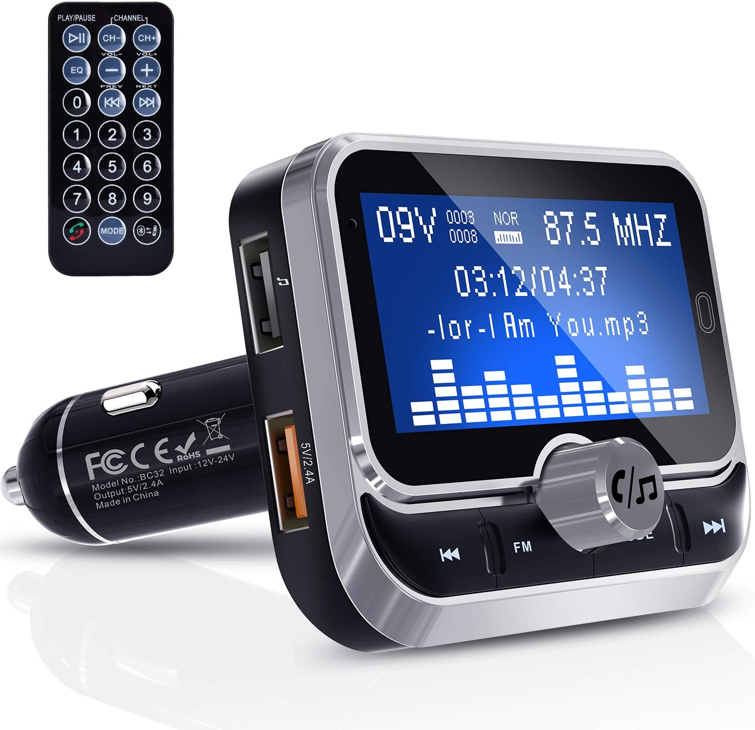 FM Transmitter, Clydek Bluetooth FM Transmitter Radio Adapter Audio Receiver Stereo Music Tuner Car Kit with Dual USB 2.4A Charger, Remote Control [1.8 Inch Large Screen]
