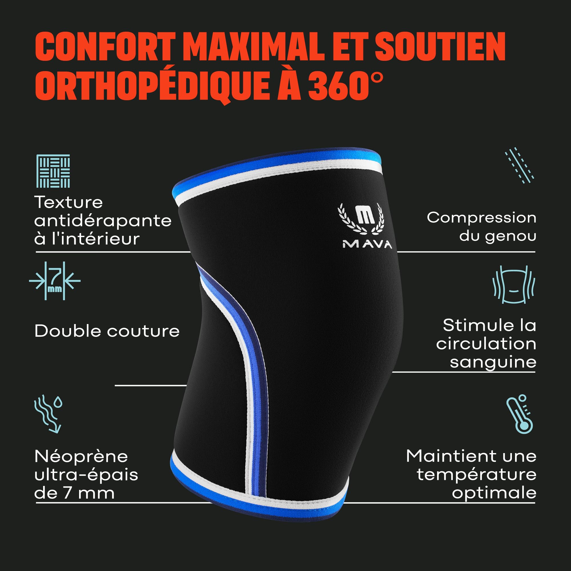 Genouillère de Compression Mava - Genouillère Sport pour Homme et Femme - 7mm Néoprène pour WOD, Gym, Squats, Course, & Musculation (lot de 2)
