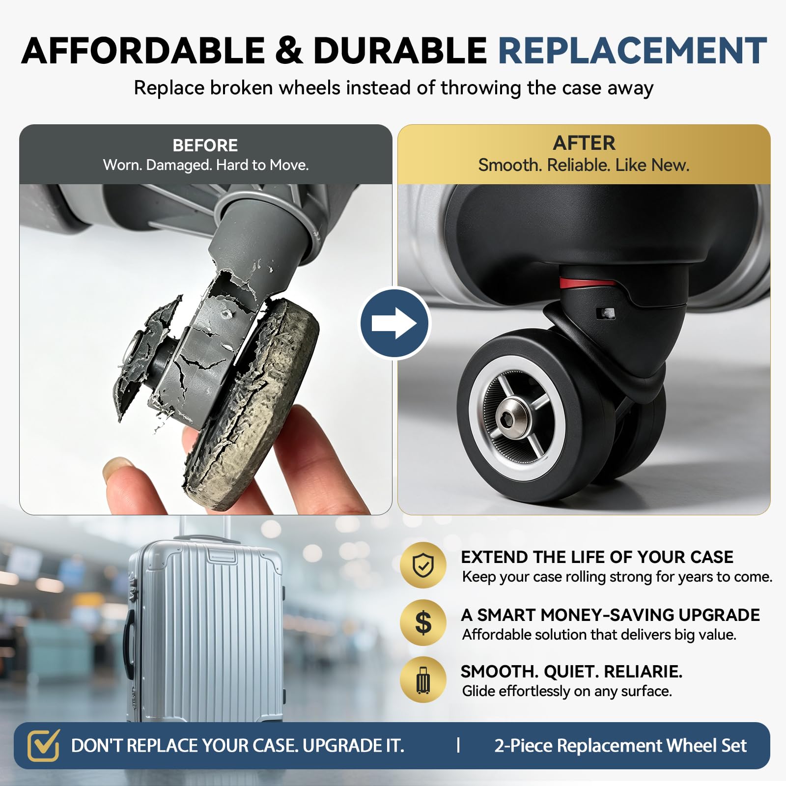 Ruote di ricambio per bagagli, confezione da 2, rotazione a 360°, 4 fori, riparazione valigia, Wheel002-L, Ruote Duel Spinner | Kit di ricambio per ruote per bagagli, con viti, ruote girevoli a 360° a doppia fila per valigia, carrello e borse da viaggio