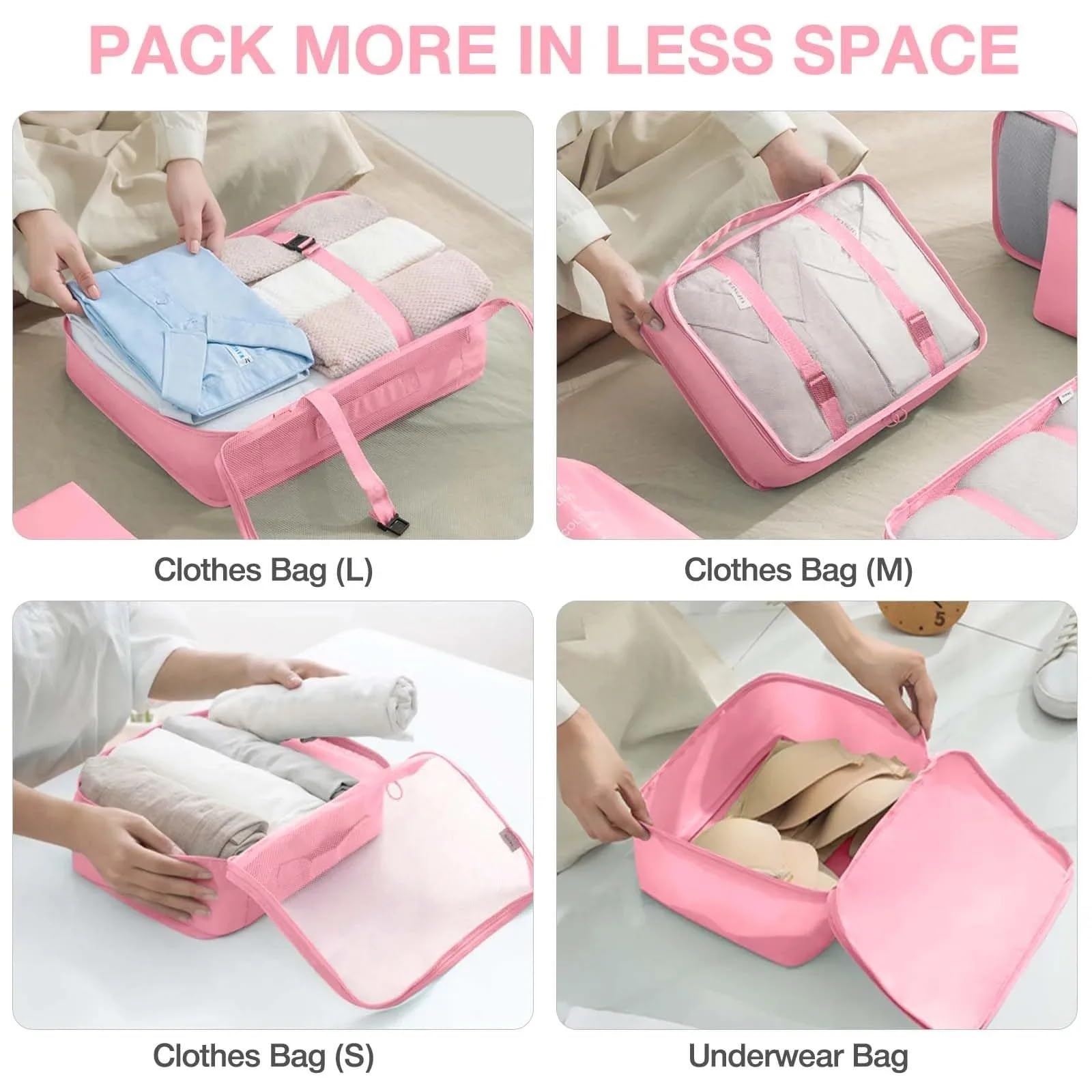 Bolsas viaje organizador Juego de organizador viaje 7 Uds., bolsas almacenamiento plegables, maleta con forma cubo for guardarropa, equipaje for ropa y zapatos(Pink)