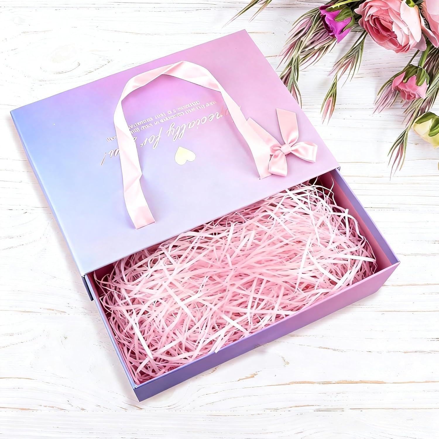 Gift Box for Presents, 27x20x8 cm Medium Gift Box with Totebag Cards Envelopes Confetti, Drawer Opening Gradient Present Box for Her Birthday Christmas