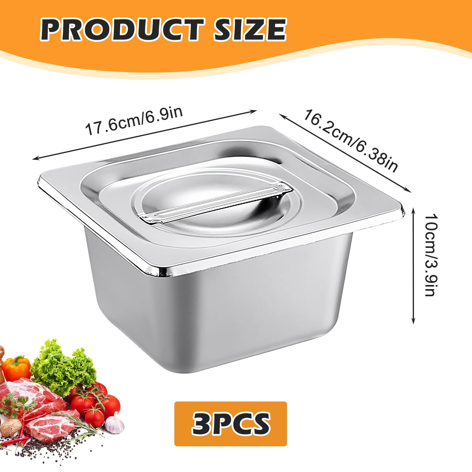 BORDEAG Set di 3 contenitori GN 1/6 in acciaio inox con coperchio, altezza 10 cm, contenitore gastronomico per la conservazione degli alimenti, vapore o come uso nel chafing dish