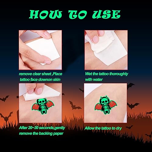 Miniatura 6 de Tatuajes temporales luminosos de Halloween para niños, 10 hojas de calcomanías de tatuaje que brillan en la oscuridad, recuerdos de fiesta de