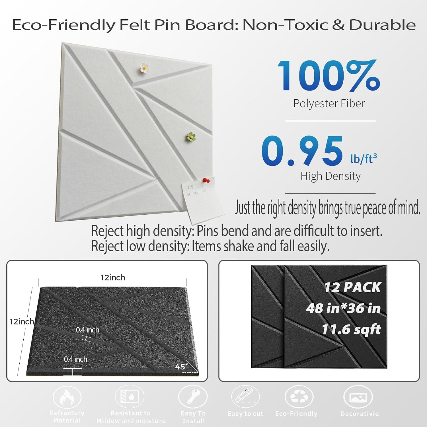Large Bulletin Board & Cork Board for Walls, 12 Pack with 50 Thumbtacks, Pin Board Vision Board for Home Office, Office Organization, Student Dorm, Creative Studio - Black, 47.2"x 35.4"x 0.4"