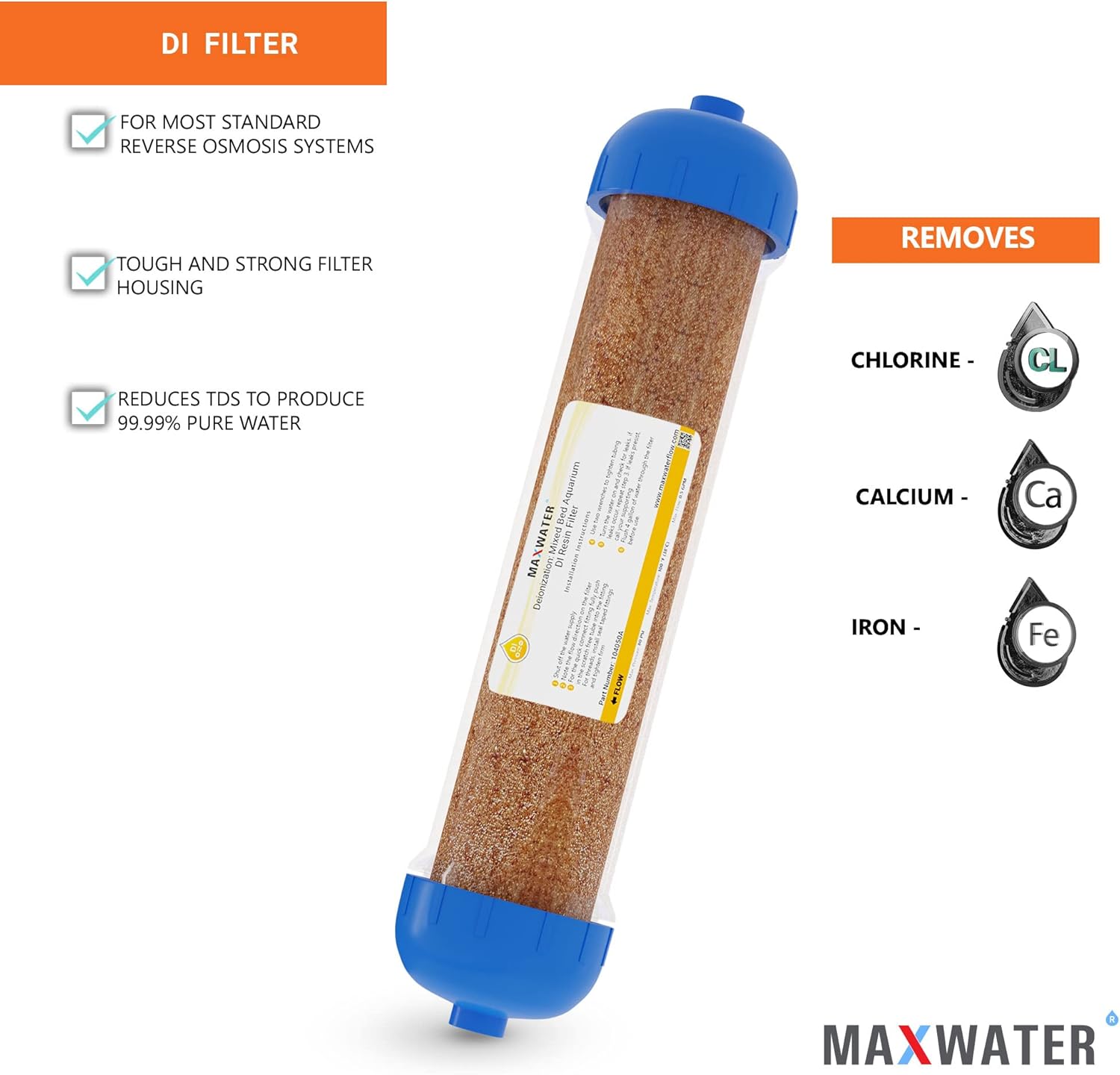 Max Water Mixed Bed Ion Exchange RODI Aquarium Filter Resin Replacement Cartridge, Compatible with 10" Reverse Osmosis Water Filtration System