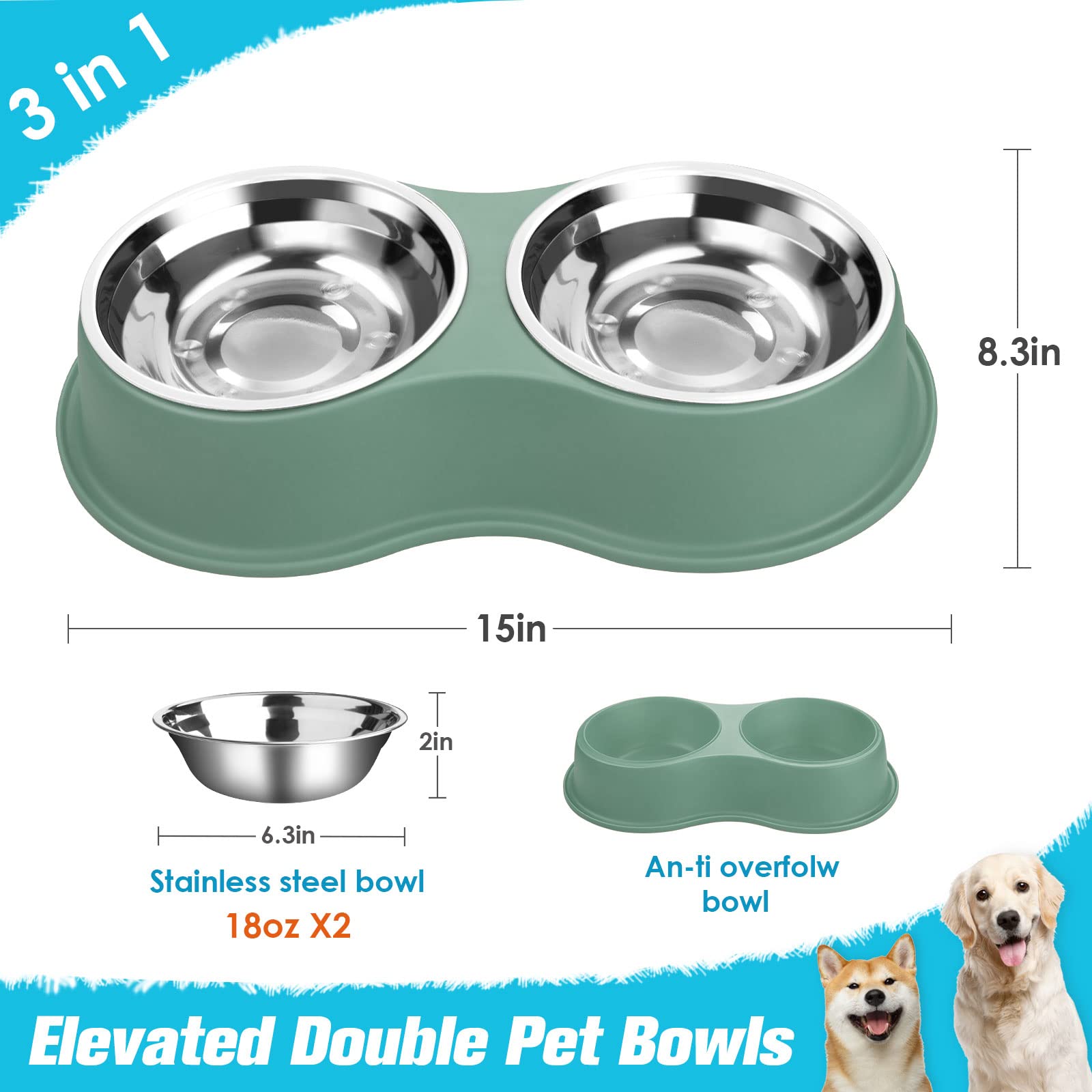 Epetslove Cuencos dobles para perros para agua y comida de acero inoxidable con estación de resina antideslizante, cuencos de comedero para mascotas para cachorros, perros medianos y gatos