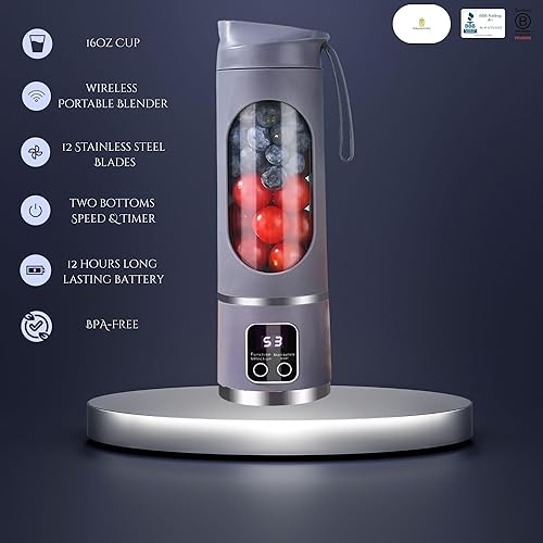 Miniatura 8 de Licuadora portátil de 16 oz16.9 fl oz para jugos y batidos con 12 cuchillas de acero inoxidable  Recargable por USB y control de múltiples