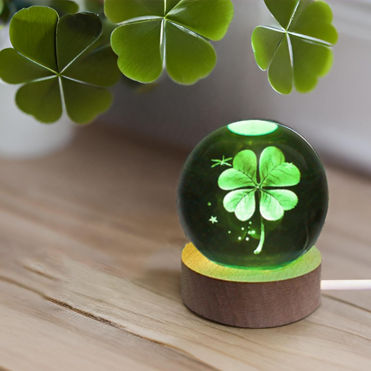 80mm Four Leaf Clover 3D Crystal Ball, Remote Control, LED Light Base, 16 Colors Change, Glass Sphere Lamp, Good Luck Gifts for Women Kids